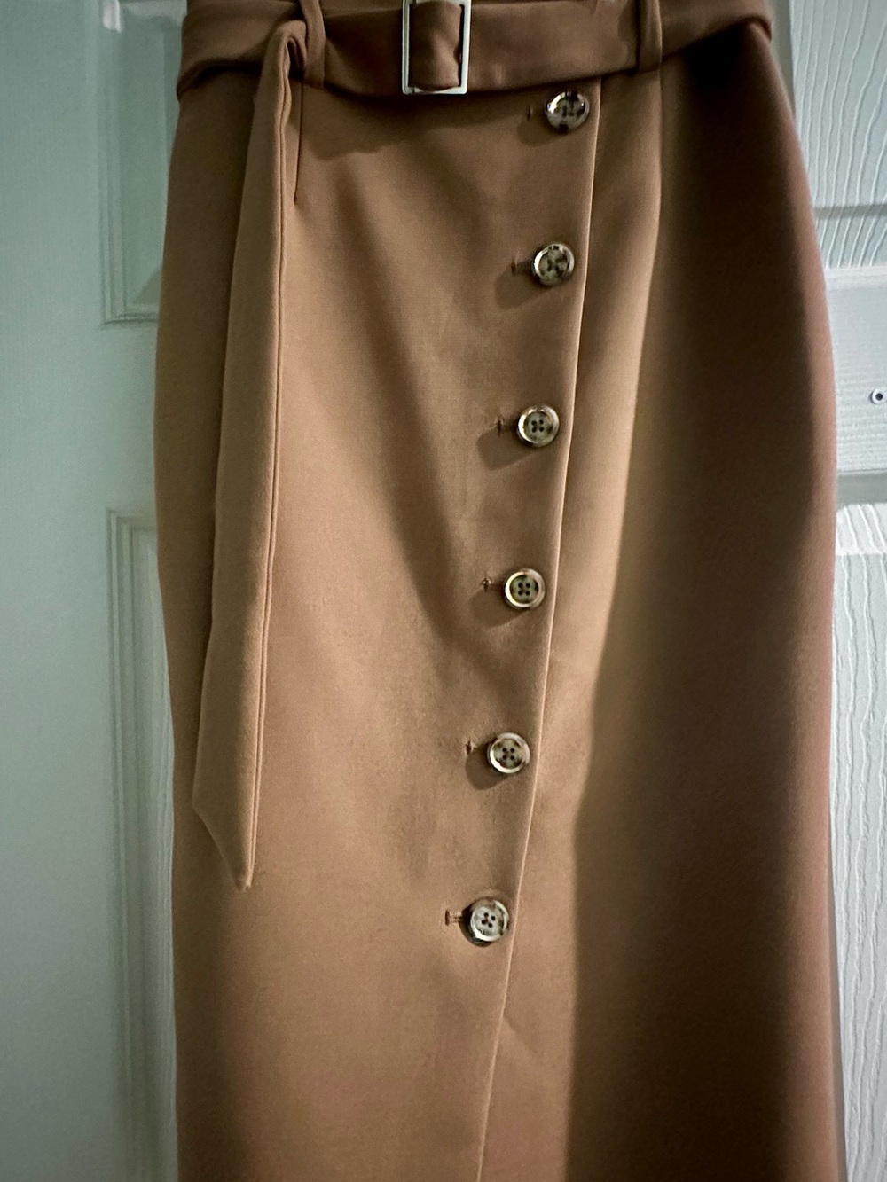 White House Black Market Camel Button-Front Pencil Skirt with Self-Tie Belt